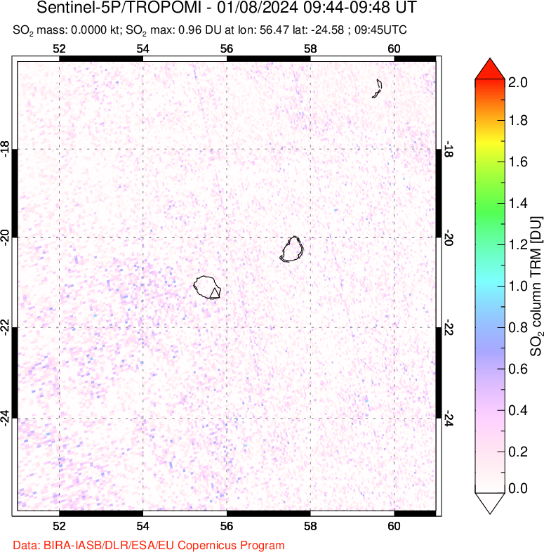 A sulfur dioxide image over Reunion Island, Indian Ocean on Jan 08, 2024.