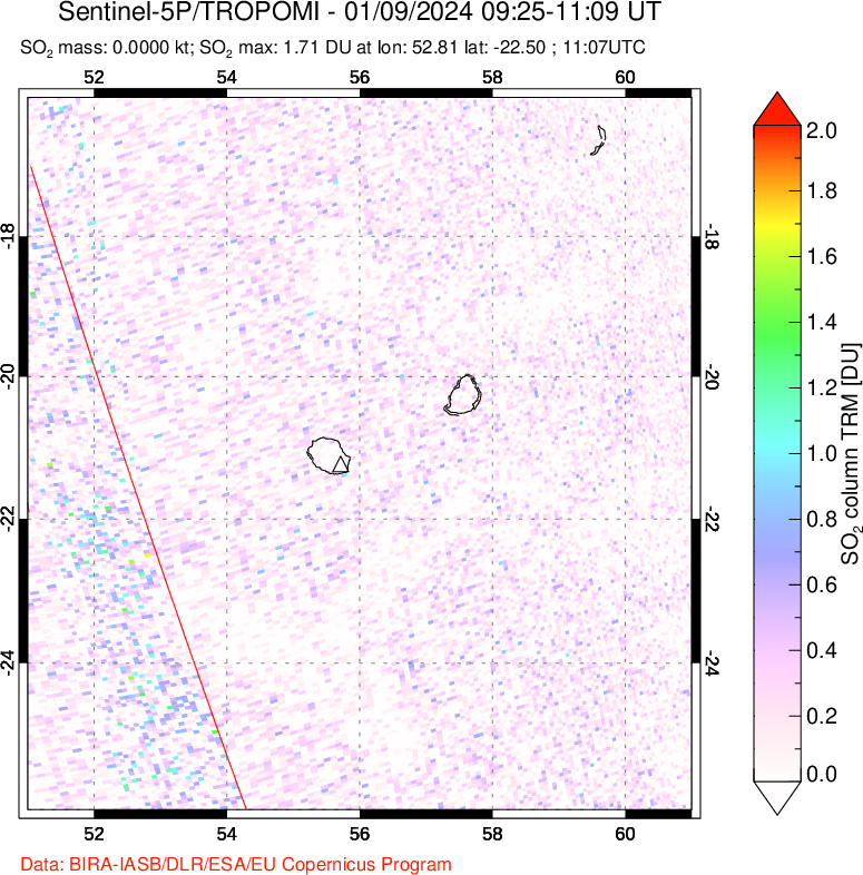 A sulfur dioxide image over Reunion Island, Indian Ocean on Jan 09, 2024.