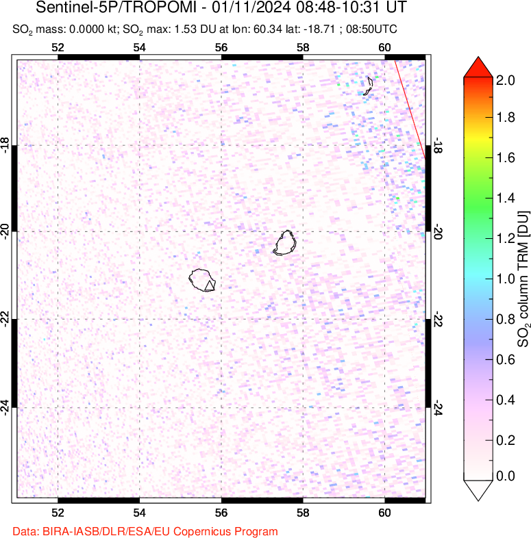 A sulfur dioxide image over Reunion Island, Indian Ocean on Jan 11, 2024.