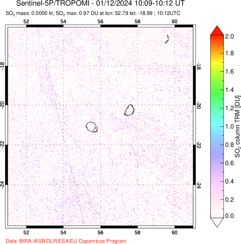 A sulfur dioxide image over Reunion Island, Indian Ocean on Jan 12, 2024.