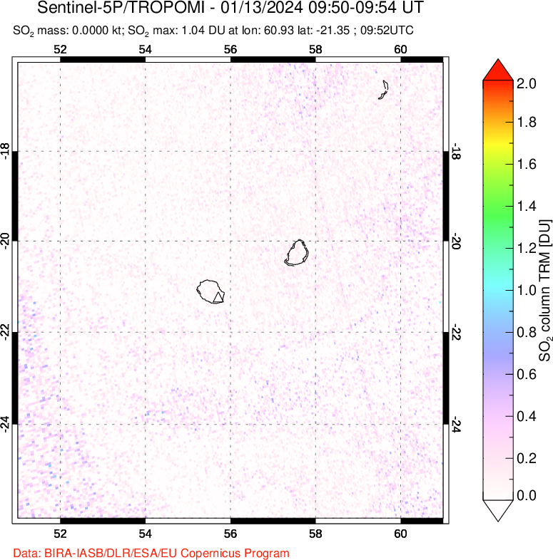 A sulfur dioxide image over Reunion Island, Indian Ocean on Jan 13, 2024.