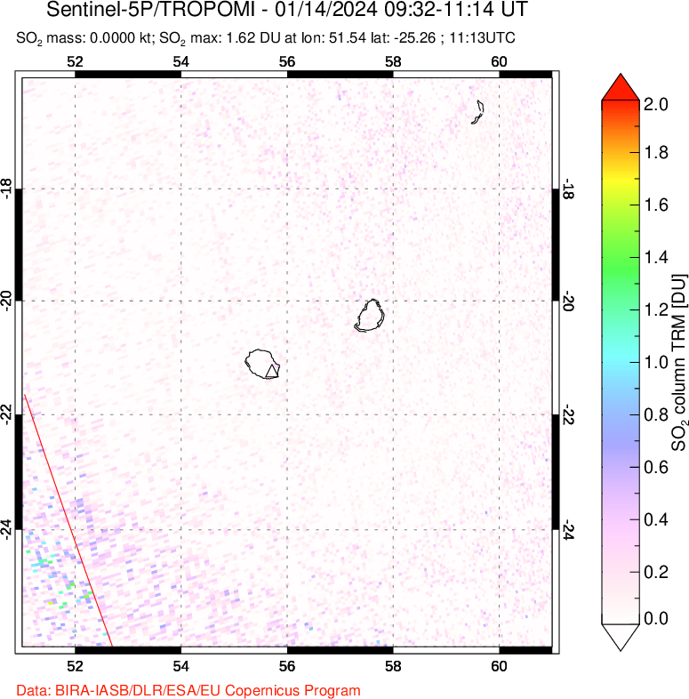 A sulfur dioxide image over Reunion Island, Indian Ocean on Jan 14, 2024.