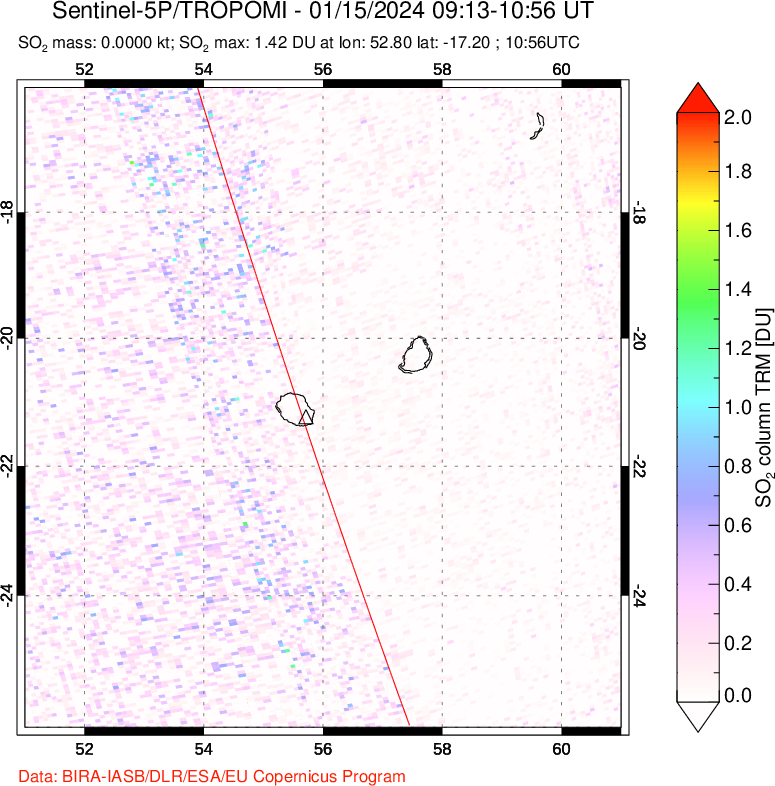 A sulfur dioxide image over Reunion Island, Indian Ocean on Jan 15, 2024.