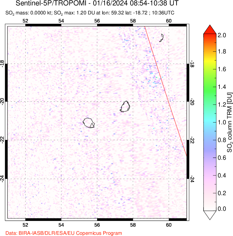 A sulfur dioxide image over Reunion Island, Indian Ocean on Jan 16, 2024.