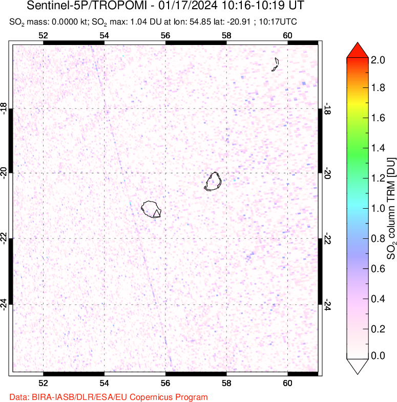 A sulfur dioxide image over Reunion Island, Indian Ocean on Jan 17, 2024.