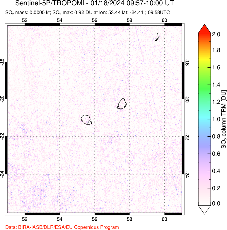 A sulfur dioxide image over Reunion Island, Indian Ocean on Jan 18, 2024.