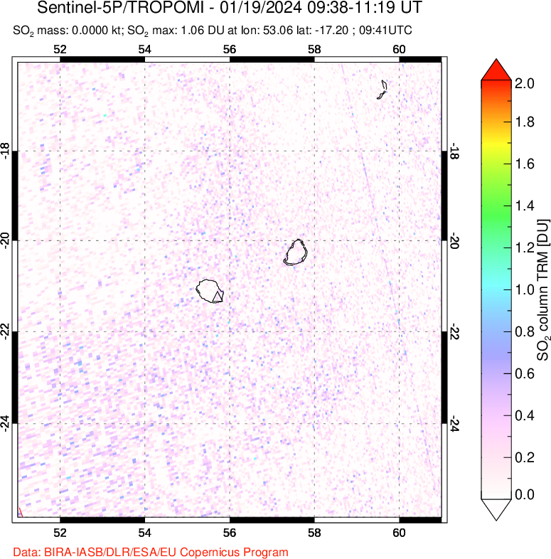 A sulfur dioxide image over Reunion Island, Indian Ocean on Jan 19, 2024.