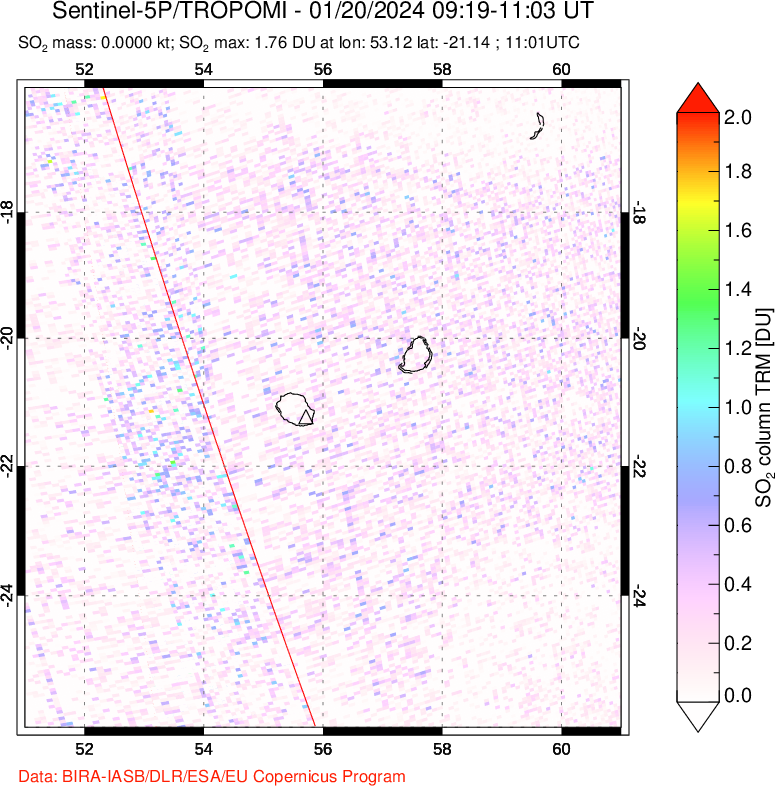 A sulfur dioxide image over Reunion Island, Indian Ocean on Jan 20, 2024.