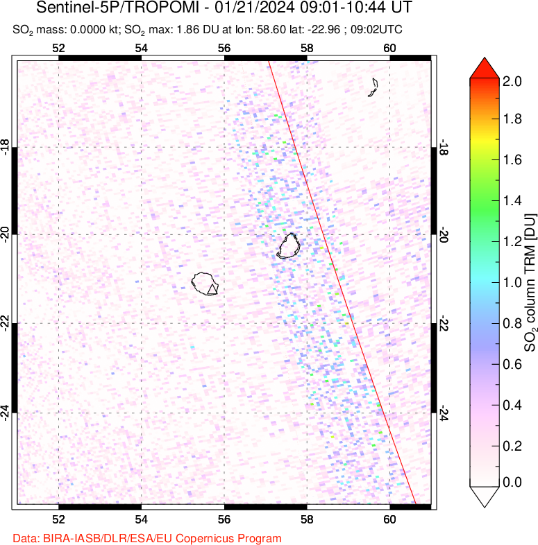 A sulfur dioxide image over Reunion Island, Indian Ocean on Jan 21, 2024.