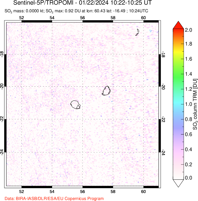 A sulfur dioxide image over Reunion Island, Indian Ocean on Jan 22, 2024.