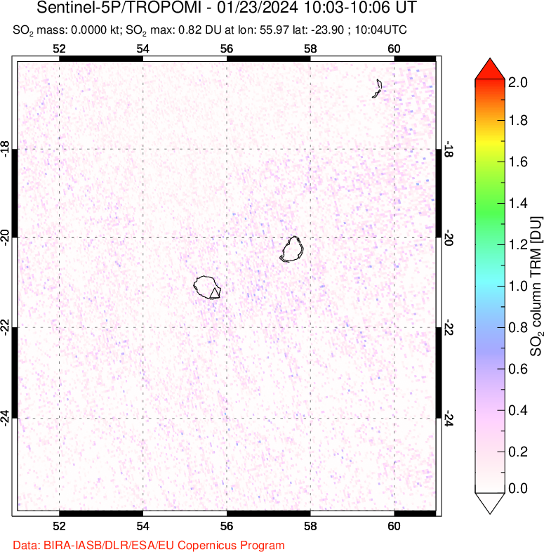 A sulfur dioxide image over Reunion Island, Indian Ocean on Jan 23, 2024.