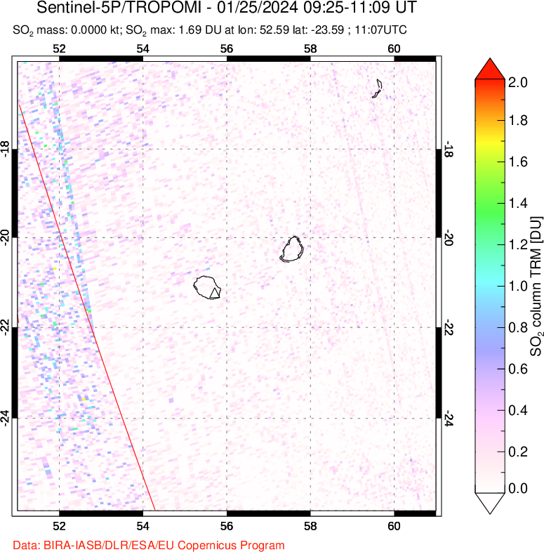 A sulfur dioxide image over Reunion Island, Indian Ocean on Jan 25, 2024.