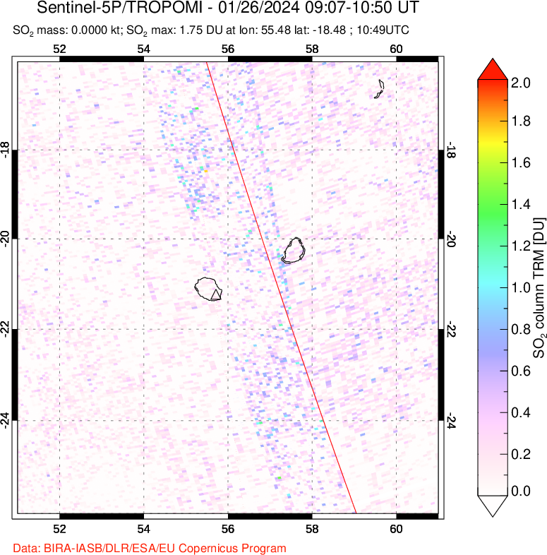 A sulfur dioxide image over Reunion Island, Indian Ocean on Jan 26, 2024.