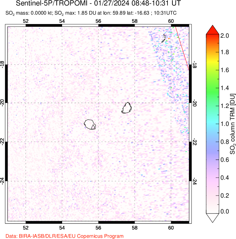 A sulfur dioxide image over Reunion Island, Indian Ocean on Jan 27, 2024.