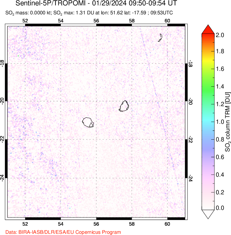 A sulfur dioxide image over Reunion Island, Indian Ocean on Jan 29, 2024.