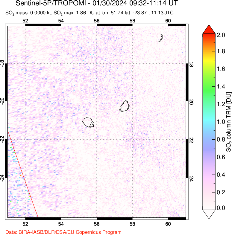 A sulfur dioxide image over Reunion Island, Indian Ocean on Jan 30, 2024.