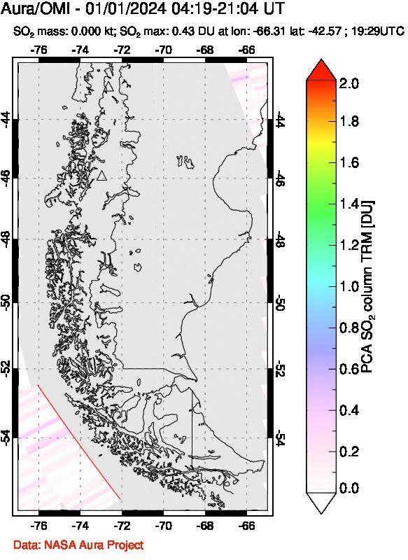 A sulfur dioxide image over Southern Chile on Jan 01, 2024.