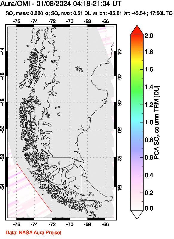 A sulfur dioxide image over Southern Chile on Jan 08, 2024.