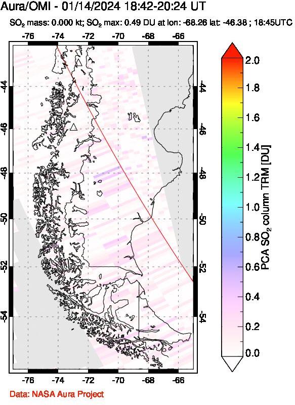 A sulfur dioxide image over Southern Chile on Jan 14, 2024.