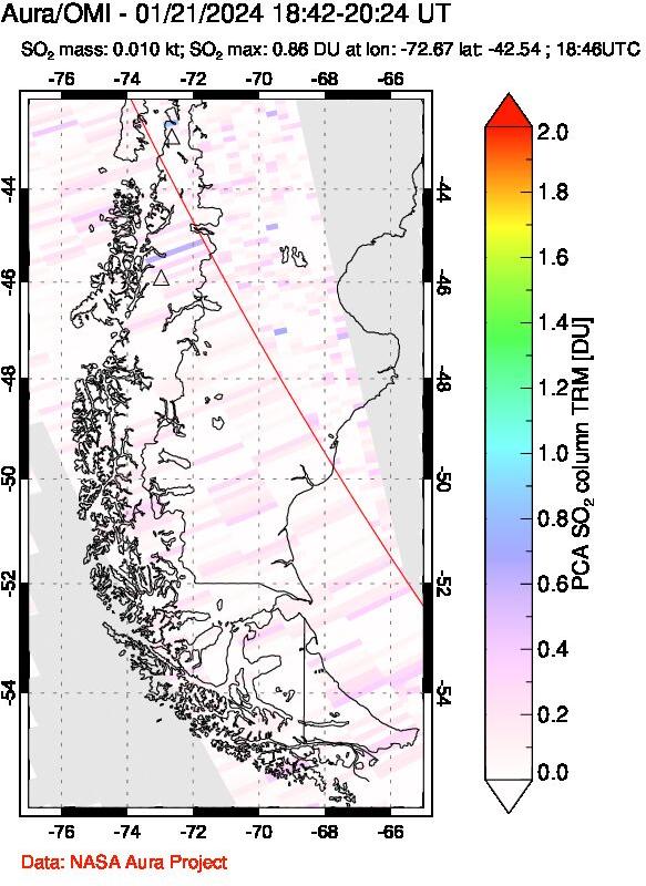 A sulfur dioxide image over Southern Chile on Jan 21, 2024.