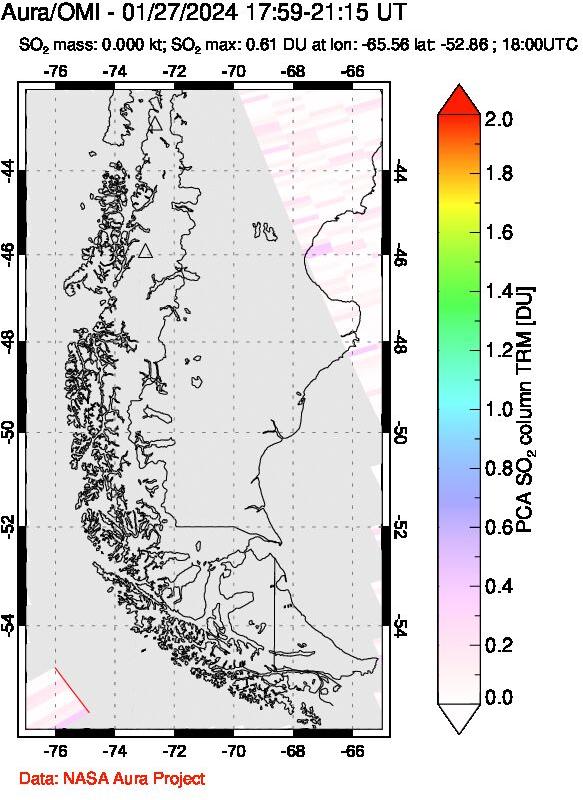 A sulfur dioxide image over Southern Chile on Jan 27, 2024.