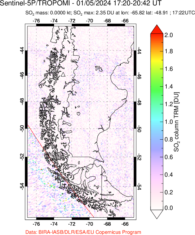 A sulfur dioxide image over Southern Chile on Jan 05, 2024.