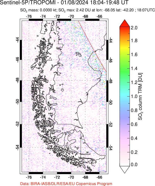 A sulfur dioxide image over Southern Chile on Jan 08, 2024.