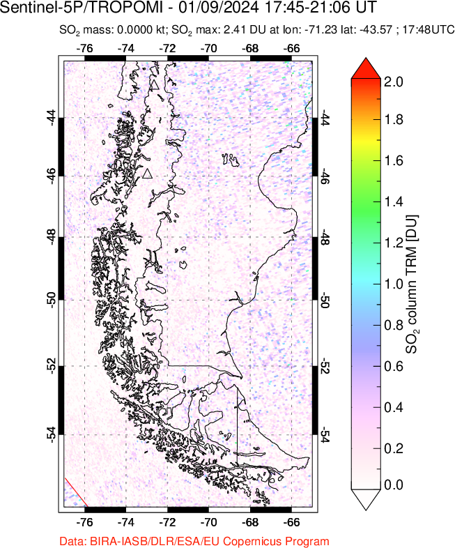 A sulfur dioxide image over Southern Chile on Jan 09, 2024.