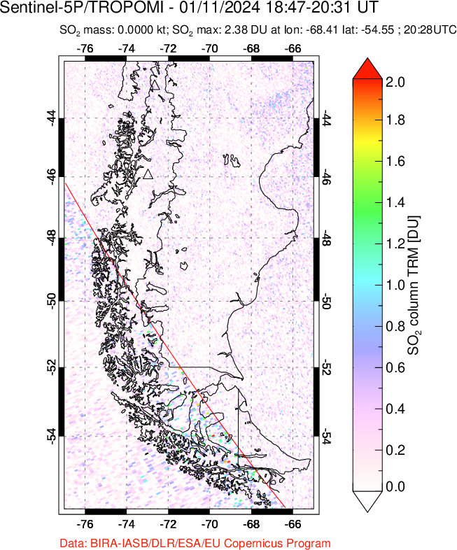 A sulfur dioxide image over Southern Chile on Jan 11, 2024.