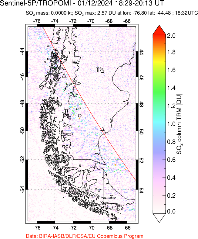 A sulfur dioxide image over Southern Chile on Jan 12, 2024.