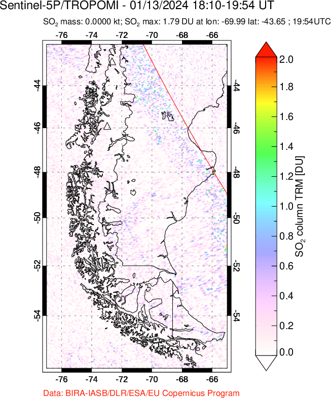 A sulfur dioxide image over Southern Chile on Jan 13, 2024.