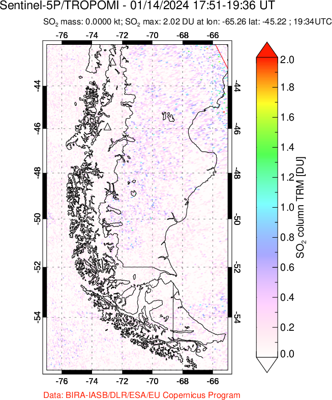 A sulfur dioxide image over Southern Chile on Jan 14, 2024.