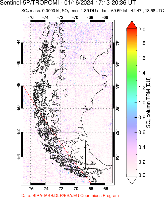 A sulfur dioxide image over Southern Chile on Jan 16, 2024.