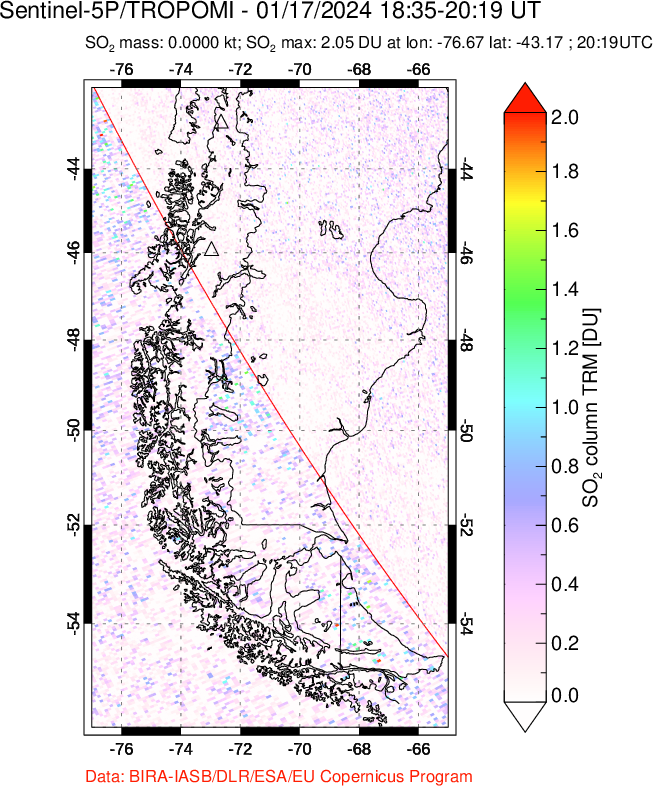 A sulfur dioxide image over Southern Chile on Jan 17, 2024.