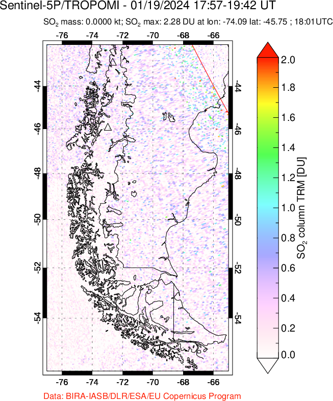 A sulfur dioxide image over Southern Chile on Jan 19, 2024.