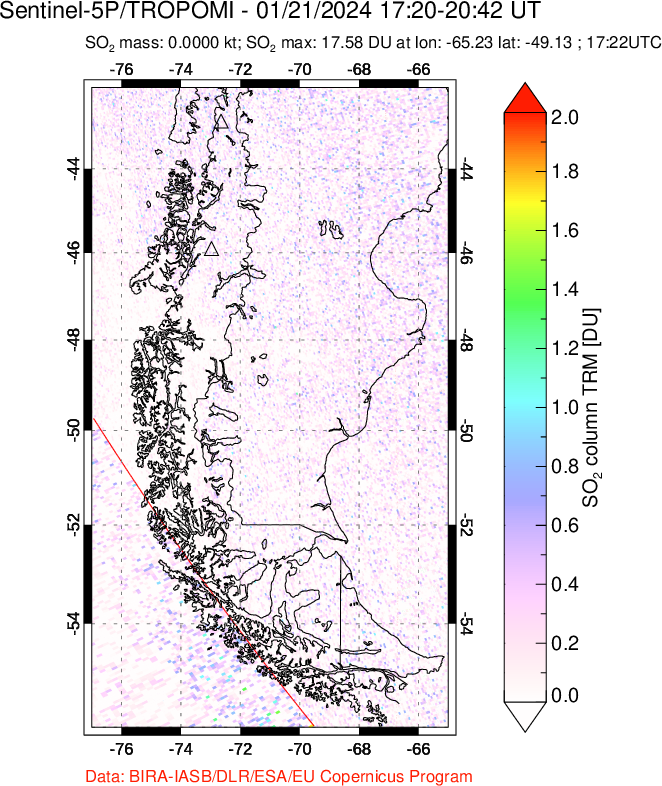 A sulfur dioxide image over Southern Chile on Jan 21, 2024.