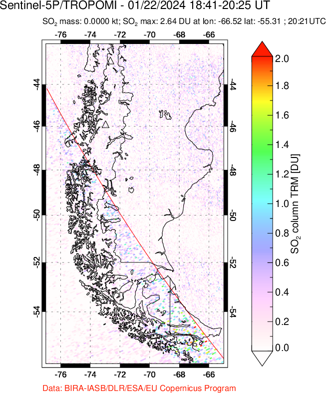 A sulfur dioxide image over Southern Chile on Jan 22, 2024.