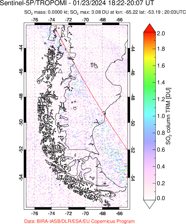 A sulfur dioxide image over Southern Chile on Jan 23, 2024.