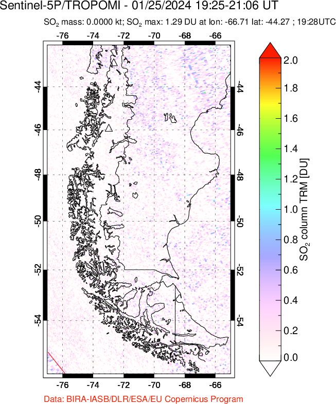 A sulfur dioxide image over Southern Chile on Jan 25, 2024.