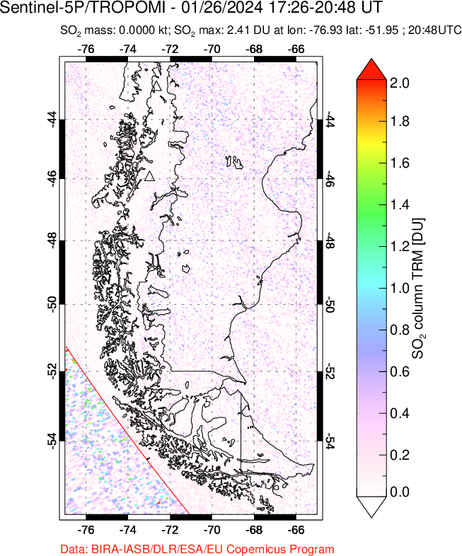 A sulfur dioxide image over Southern Chile on Jan 26, 2024.