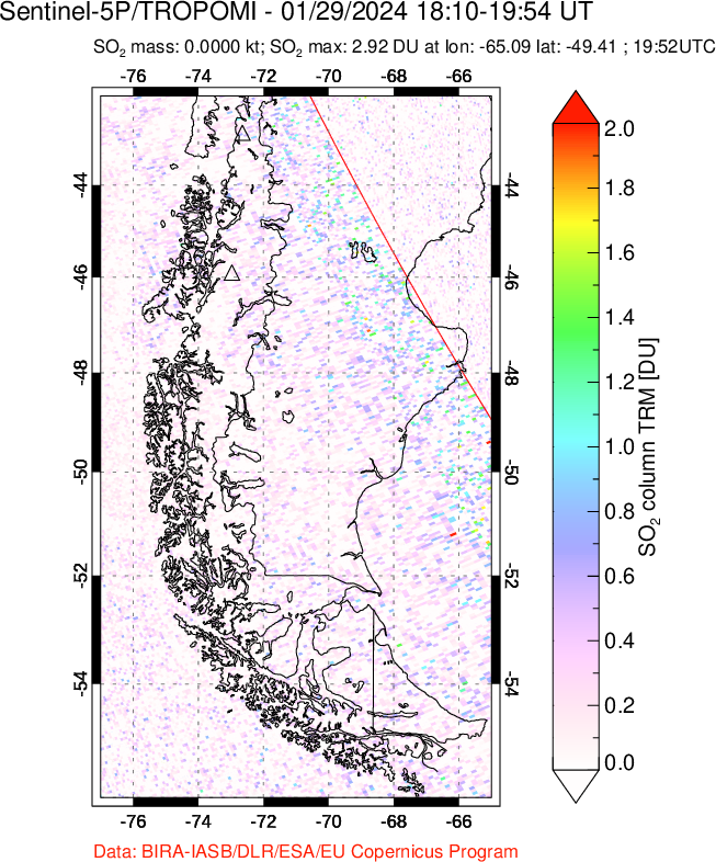 A sulfur dioxide image over Southern Chile on Jan 29, 2024.