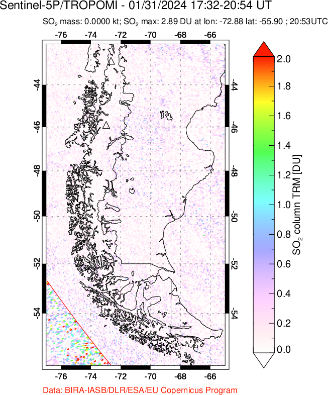 A sulfur dioxide image over Southern Chile on Jan 31, 2024.