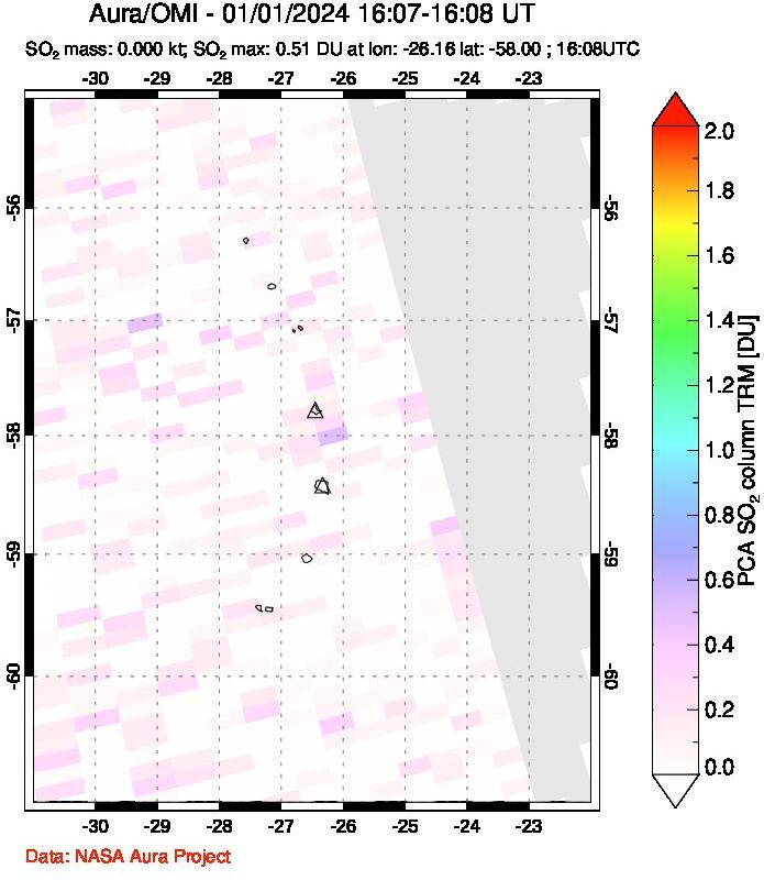 A sulfur dioxide image over South Sandwich Islands, South Atlantic on Jan 01, 2024.