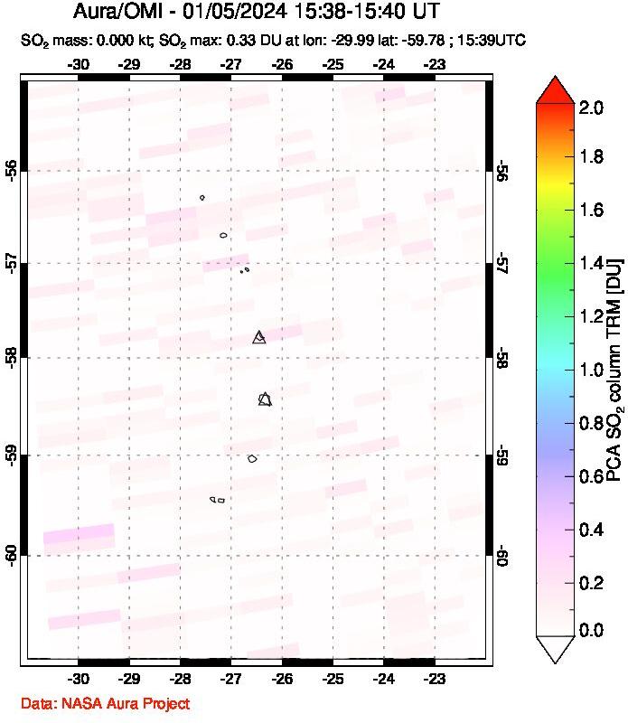 A sulfur dioxide image over South Sandwich Islands, South Atlantic on Jan 05, 2024.