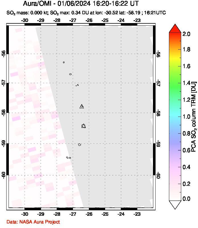 A sulfur dioxide image over South Sandwich Islands, South Atlantic on Jan 06, 2024.