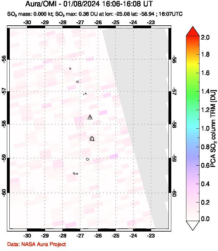 A sulfur dioxide image over South Sandwich Islands, South Atlantic on Jan 08, 2024.