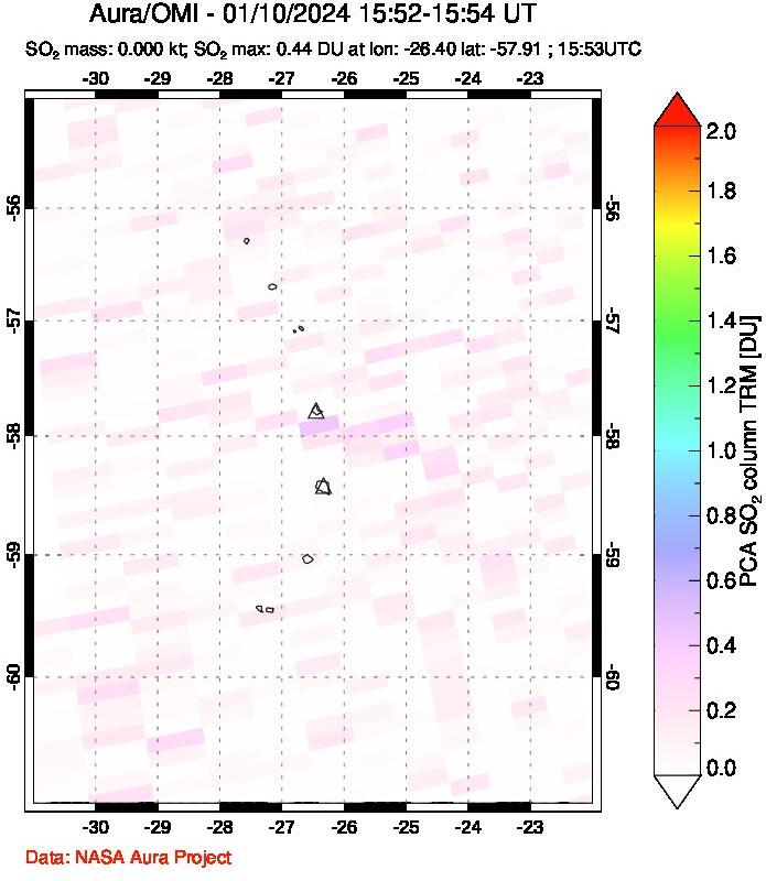 A sulfur dioxide image over South Sandwich Islands, South Atlantic on Jan 10, 2024.