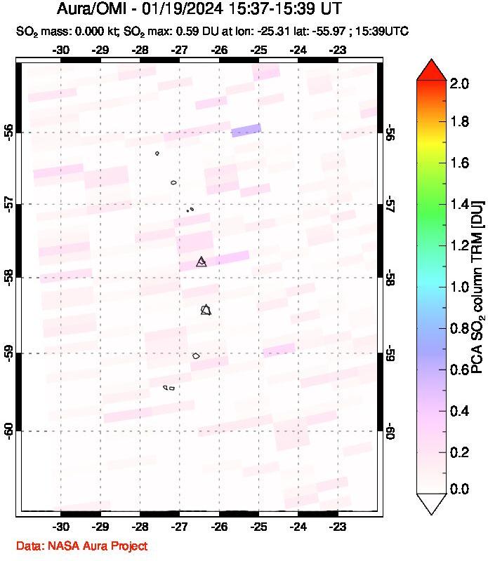 A sulfur dioxide image over South Sandwich Islands, South Atlantic on Jan 19, 2024.