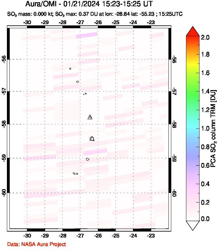 A sulfur dioxide image over South Sandwich Islands, South Atlantic on Jan 21, 2024.