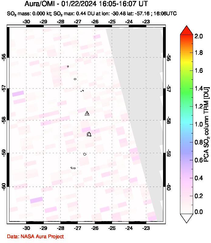 A sulfur dioxide image over South Sandwich Islands, South Atlantic on Jan 22, 2024.